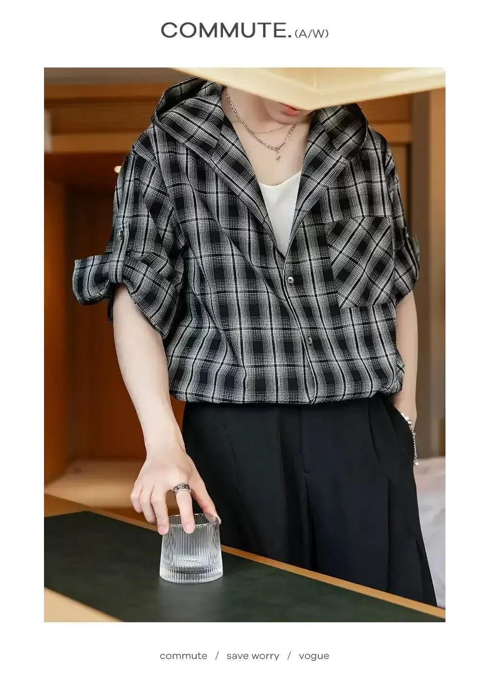 Chuan Checkered Hooded Shirt-korean-fashion-Shirt-Chuan's Closet-OH Garments