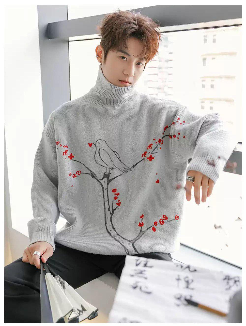 Chuan Cherry Blossom & Bird Knitted Turtleneck-korean-fashion-Turtleneck-Chuan's Closet-OH Garments