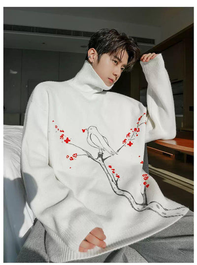 Chuan Cherry Blossom & Bird Knitted Turtleneck-korean-fashion-Turtleneck-Chuan's Closet-OH Garments