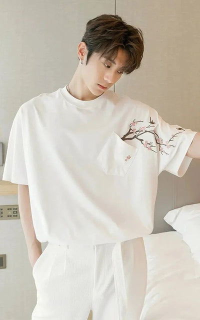 Chuan Cherry Blossom Pocket T-Shirt-korean-fashion-T-Shirt-Chuan's Closet-OH Garments