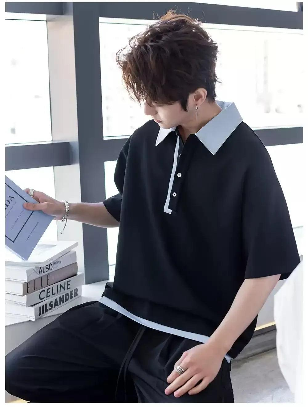 Chuan Contrast Collar Four-Buttoned Polo-korean-fashion-Polo-Chuan's Closet-OH Garments