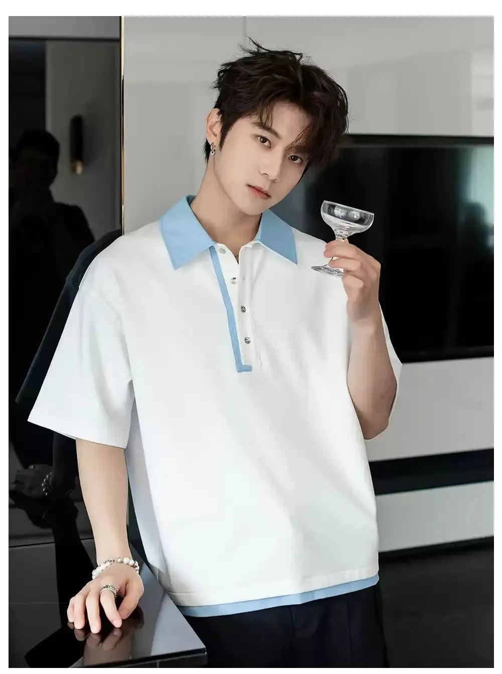 Chuan Contrast Collar Four-Buttoned Polo-korean-fashion-Polo-Chuan's Closet-OH Garments