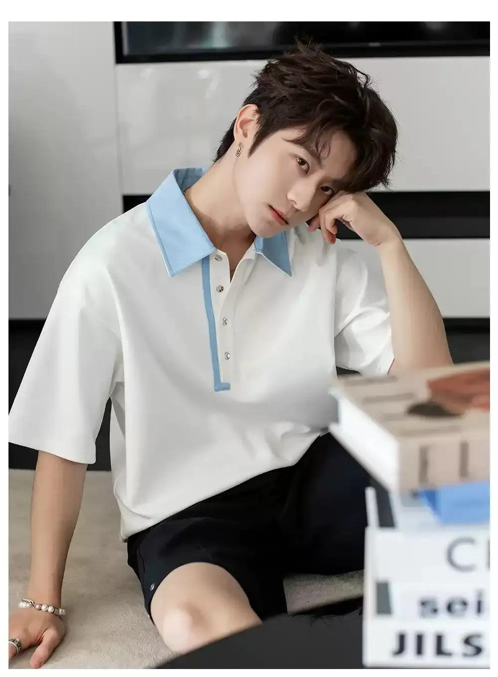 Chuan Contrast Collar Four-Buttoned Polo-korean-fashion-Polo-Chuan's Closet-OH Garments