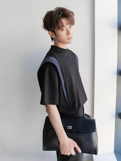 Chuan Contrast Panel Embroidery T-Shirt-korean-fashion-T-Shirt-Chuan's Closet-OH Garments