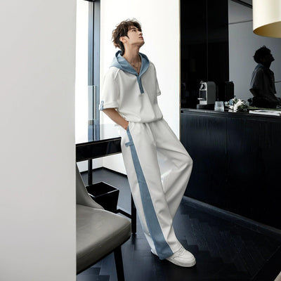 Chuan Contrast Spliced Hood T-Shirt & Pants Set-korean-fashion-Clothing Set-Chuan's Closet-OH Garments