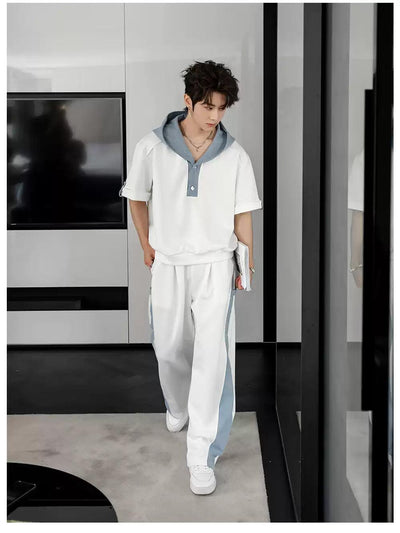 Chuan Contrast Spliced Hood T-Shirt & Pants Set-korean-fashion-Clothing Set-Chuan's Closet-OH Garments