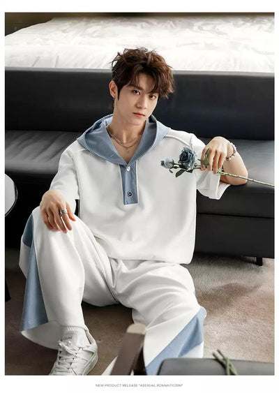 Chuan Contrast Spliced Hood T-Shirt & Pants Set-korean-fashion-Clothing Set-Chuan's Closet-OH Garments