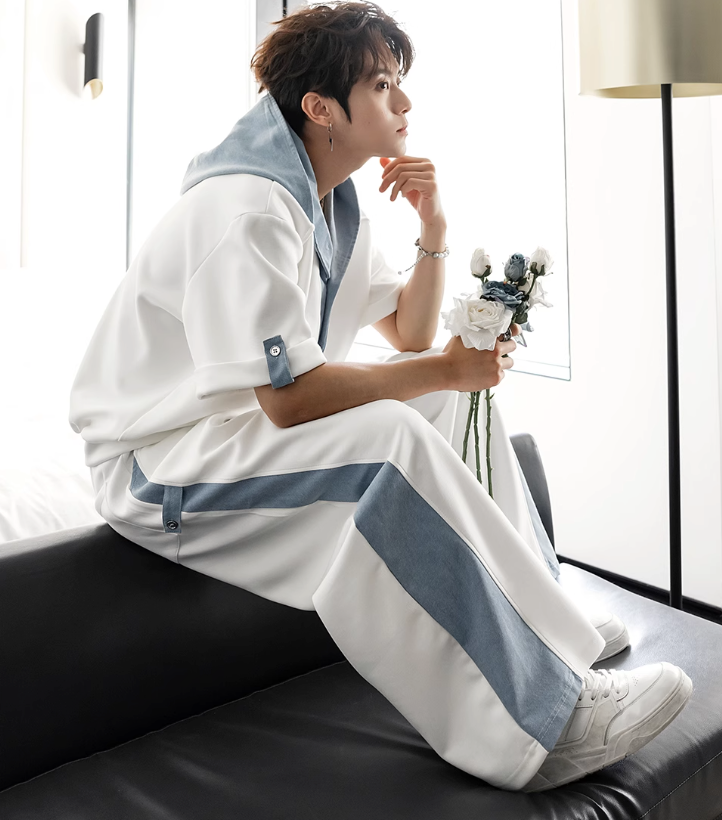 Chuan Contrast Spliced Hood T-Shirt & Pants Set-korean-fashion-Clothing Set-Chuan's Closet-OH Garments