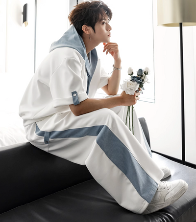 Chuan Contrast Spliced Hood T-Shirt & Pants Set-korean-fashion-Clothing Set-Chuan's Closet-OH Garments