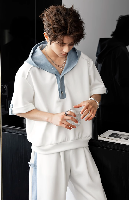 Chuan Contrast Spliced Hood T-Shirt & Pants Set-korean-fashion-Clothing Set-Chuan's Closet-OH Garments