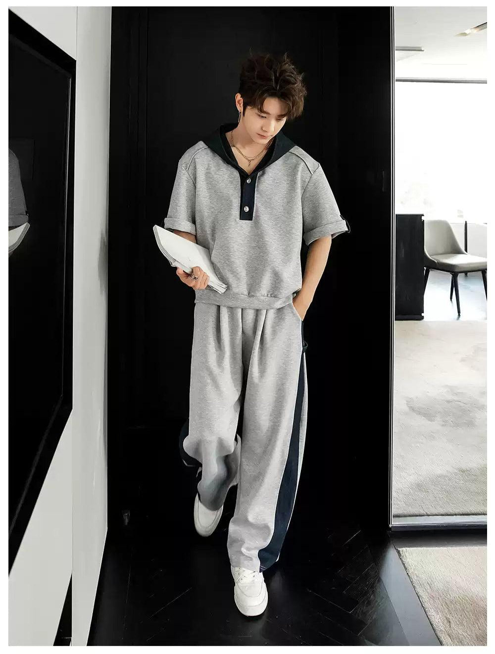 Chuan Contrast Spliced Hood T-Shirt & Pants Set-korean-fashion-Clothing Set-Chuan's Closet-OH Garments