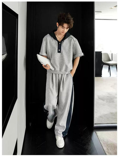 Chuan Contrast Spliced Hood T-Shirt & Pants Set-korean-fashion-Clothing Set-Chuan's Closet-OH Garments