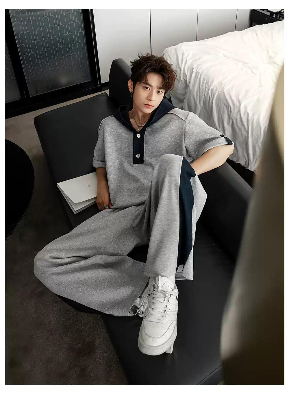 Chuan Contrast Spliced Hood T-Shirt & Pants Set-korean-fashion-Clothing Set-Chuan's Closet-OH Garments