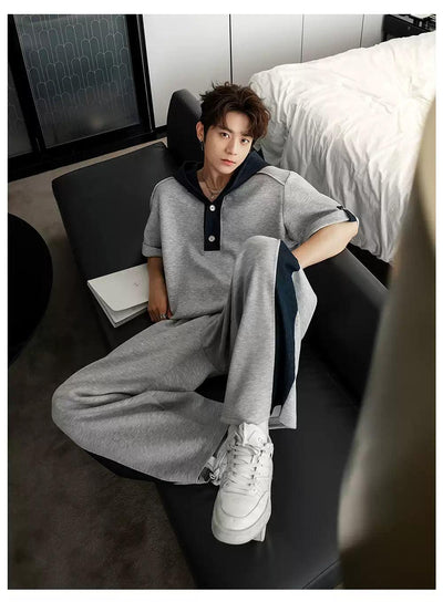 Chuan Contrast Spliced Hood T-Shirt & Pants Set-korean-fashion-Clothing Set-Chuan's Closet-OH Garments