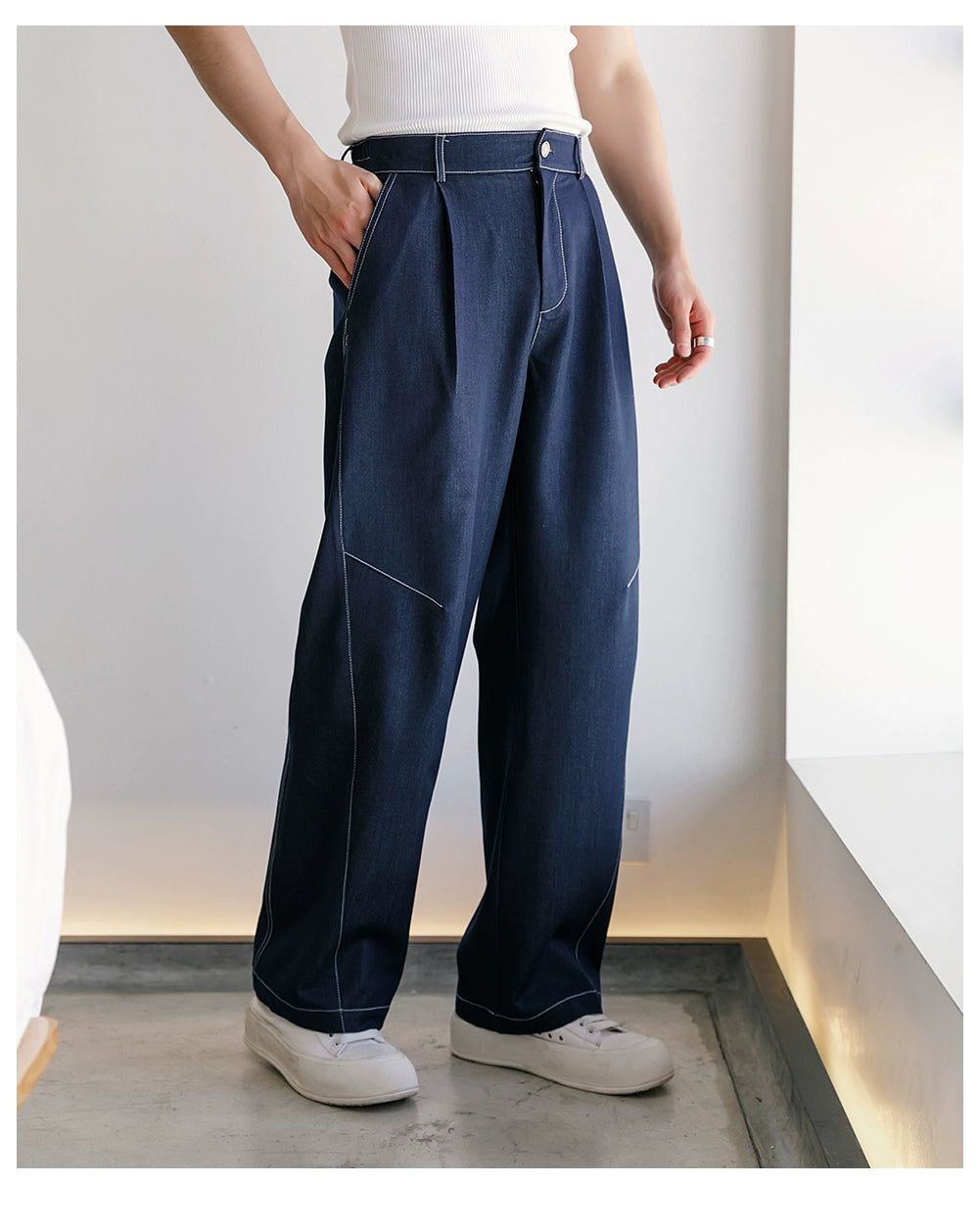 Chuan Contrast Stitched Straight Pants-korean-fashion-Pants-Chuan's Closet-OH Garments