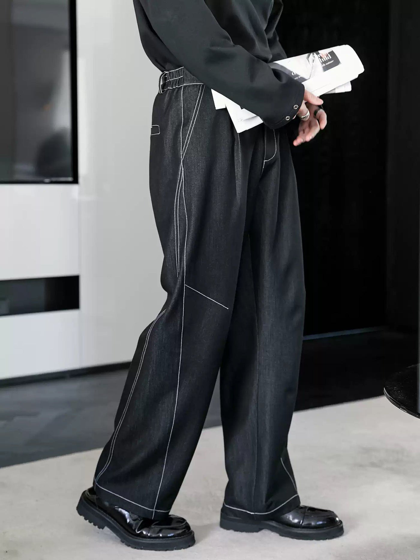 Chuan Contrast Stitched Straight Pants-korean-fashion-Pants-Chuan's Closet-OH Garments