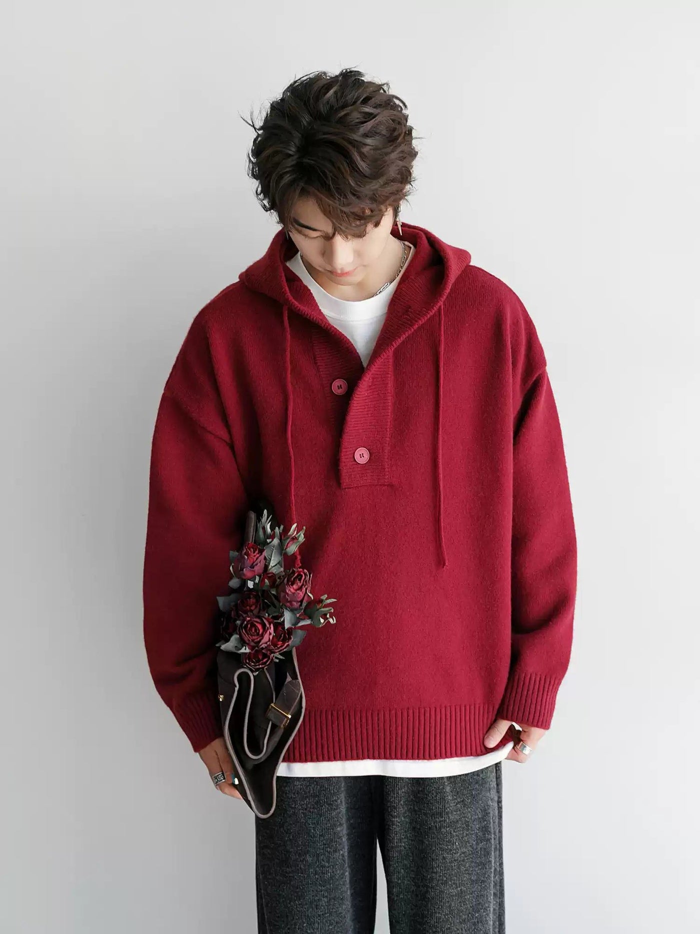 Chuan Drawstring Half-Button Knit Hoodie-korean-fashion-Hoodie-Chuan's Closet-OH Garments