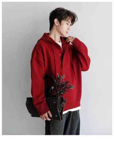 Chuan Drawstring Half-Button Knit Hoodie-korean-fashion-Hoodie-Chuan's Closet-OH Garments