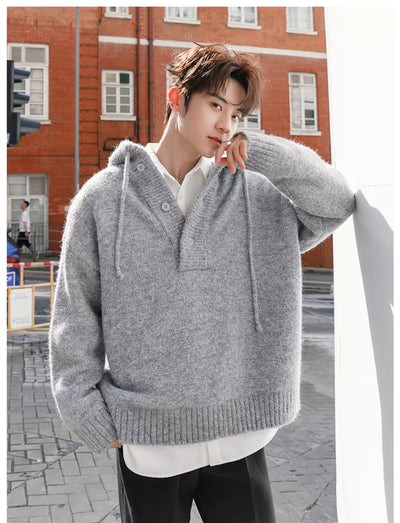 Chuan Drawstring Half-Buttons Knitted Hoodie-korean-fashion-Hoodie-Chuan's Closet-OH Garments