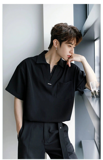 Chuan Front Pocket Detail V-Neck Polo-korean-fashion-Polo-Chuan's Closet-OH Garments