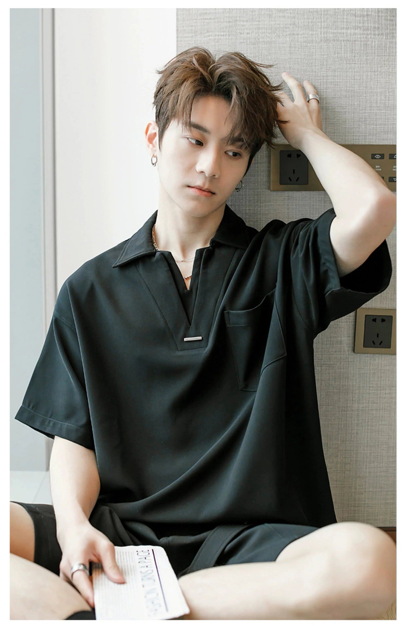 Chuan Front Pocket Detail V-Neck Polo-korean-fashion-Polo-Chuan's Closet-OH Garments