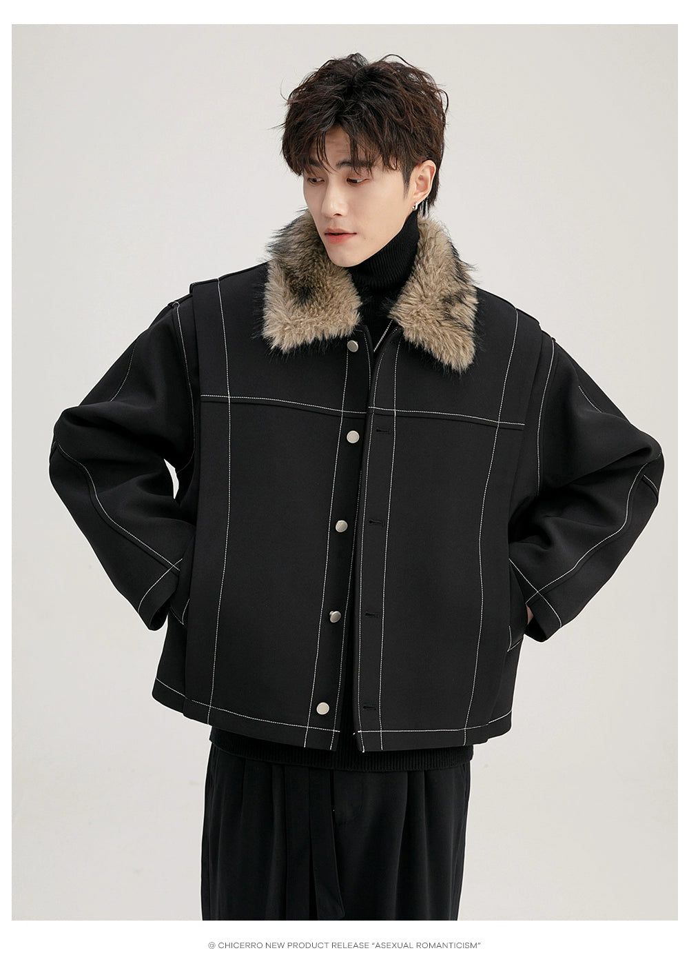 Chuan Fur Collar Contrast Stitched Jacket-korean-fashion-Jacket-Chuan's Closet-OH Garments