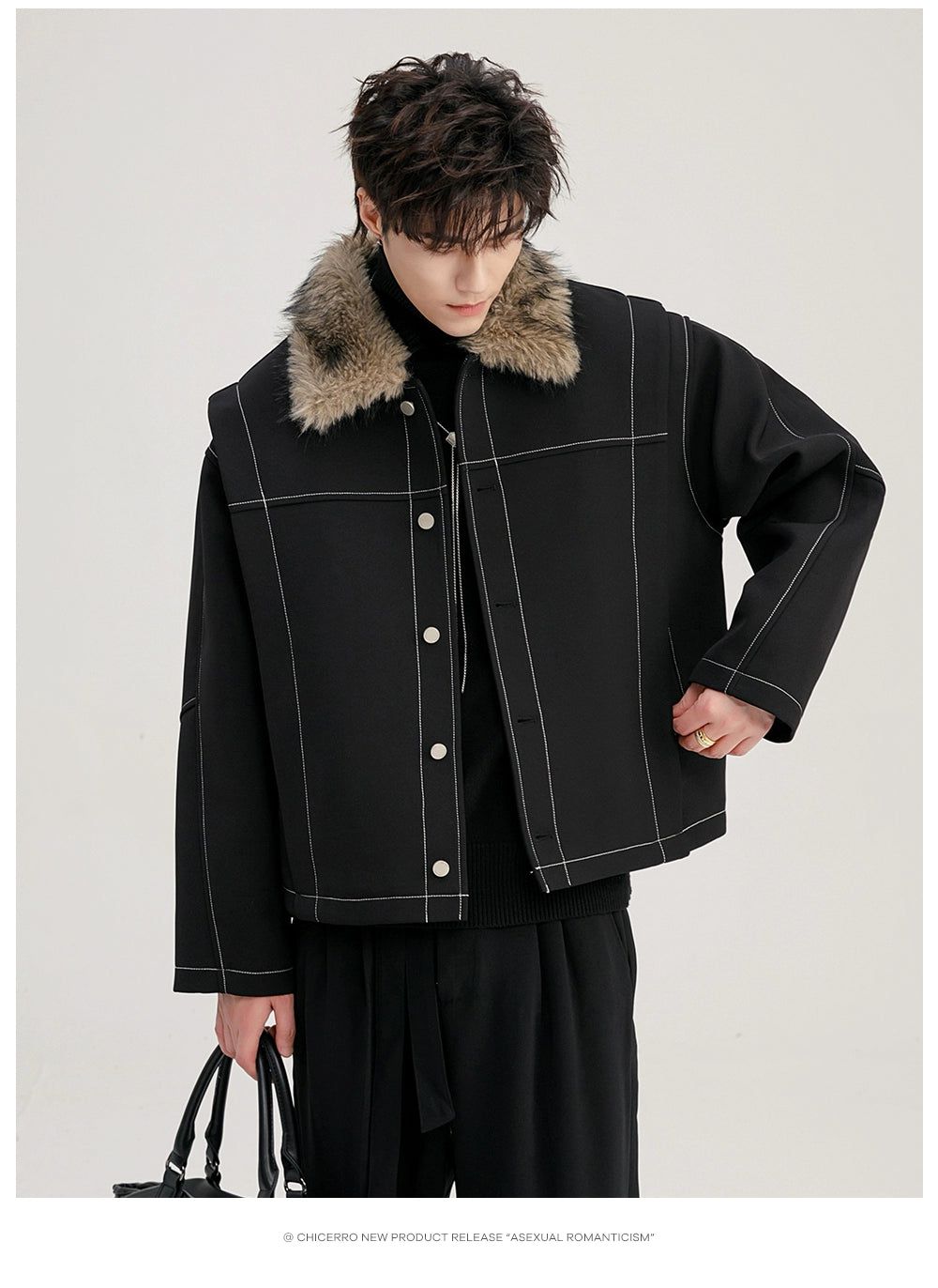 Chuan Fur Collar Contrast Stitched Jacket-korean-fashion-Jacket-Chuan's Closet-OH Garments