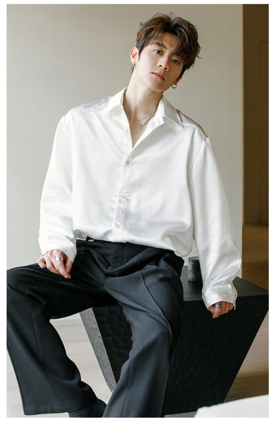 Chuan Glossy Textured Pointed Collar Shirt-korean-fashion-Shirt-Chuan's Closet-OH Garments