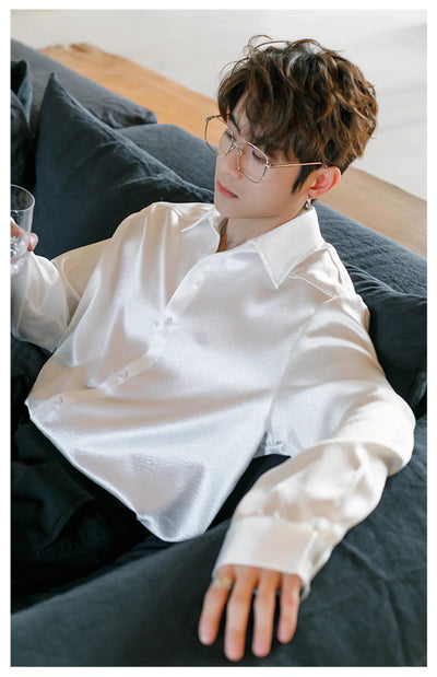 Chuan Glossy Textured Pointed Collar Shirt-korean-fashion-Shirt-Chuan's Closet-OH Garments