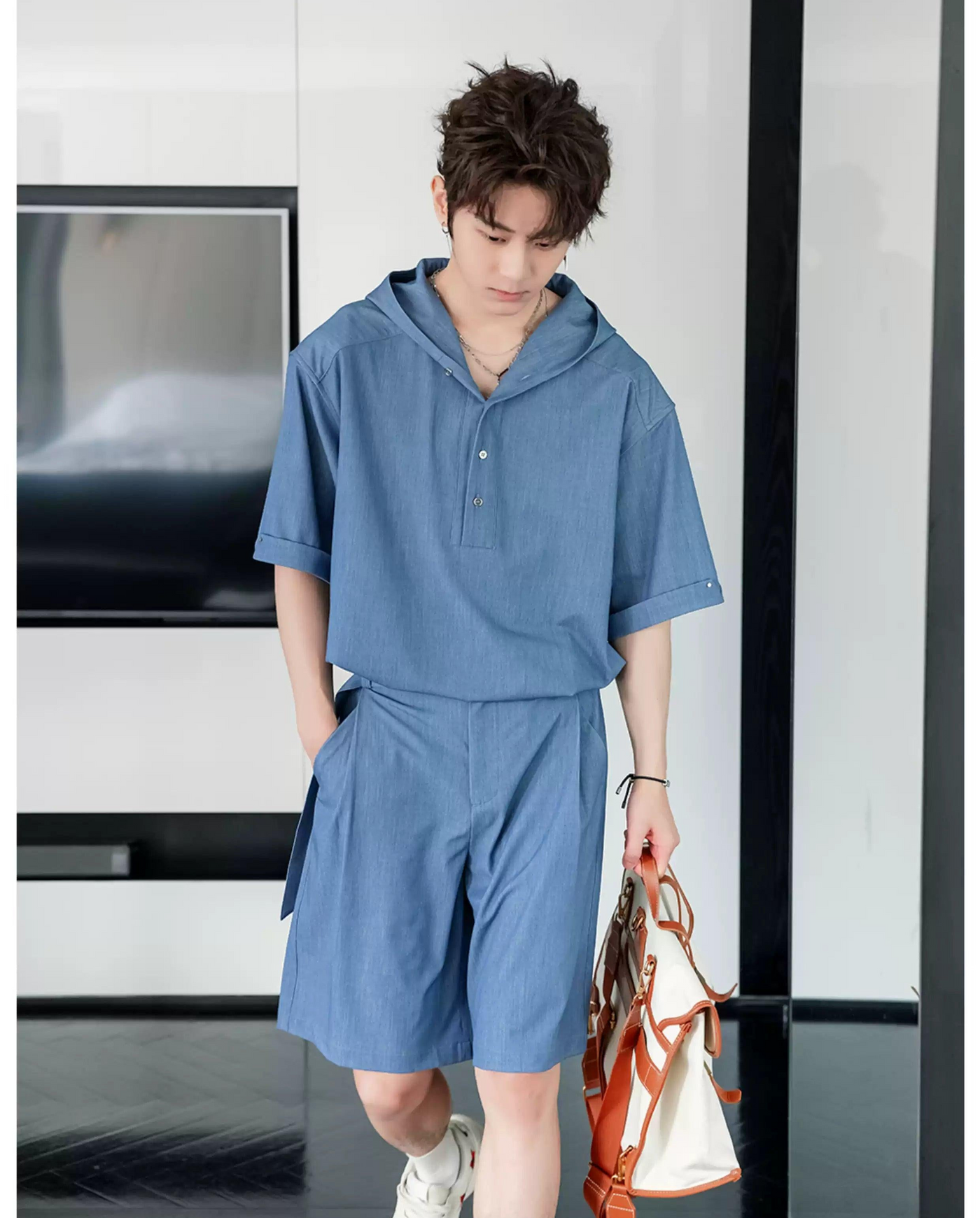 Chuan Half-Buttoned Denim Hoodie & Belted Shorts Set-korean-fashion-Clothing Set-Chuan's Closet-OH Garments