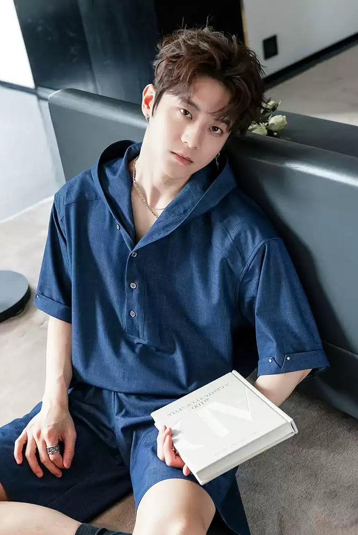 Chuan Half-Buttoned Denim Hoodie & Belted Shorts Set-korean-fashion-Clothing Set-Chuan's Closet-OH Garments