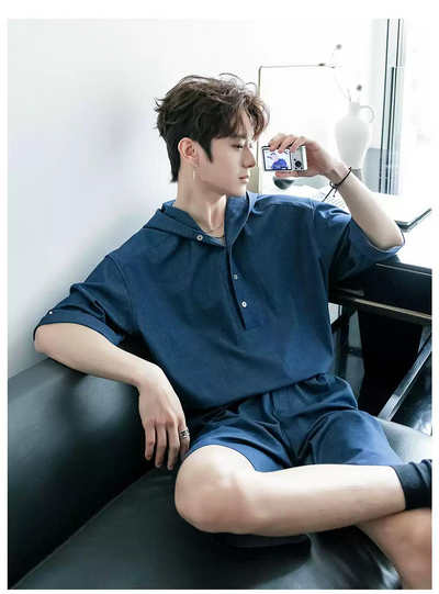 Chuan Half-Buttoned Denim Hoodie & Belted Shorts Set-korean-fashion-Clothing Set-Chuan's Closet-OH Garments
