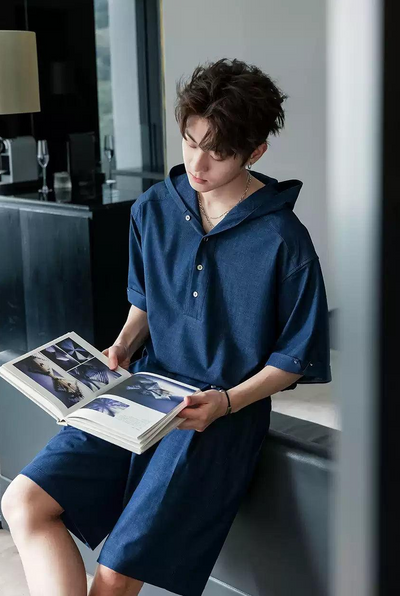 Chuan Half-Buttoned Denim Hoodie & Belted Shorts Set-korean-fashion-Clothing Set-Chuan's Closet-OH Garments