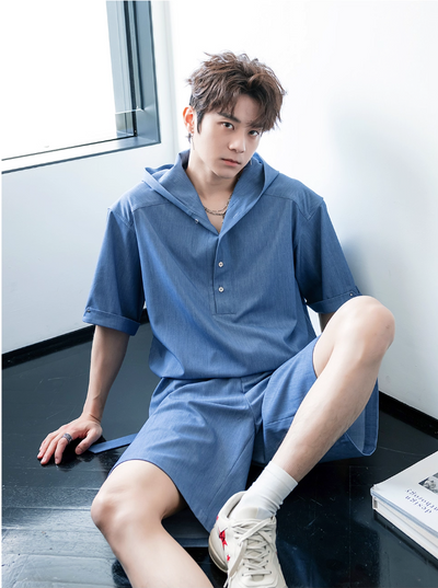 Chuan Half-Buttoned Denim Hoodie & Belted Shorts Set-korean-fashion-Clothing Set-Chuan's Closet-OH Garments