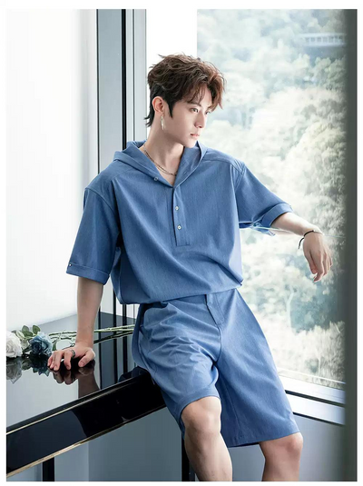 Chuan Half-Buttoned Denim Hoodie & Belted Shorts Set-korean-fashion-Clothing Set-Chuan's Closet-OH Garments