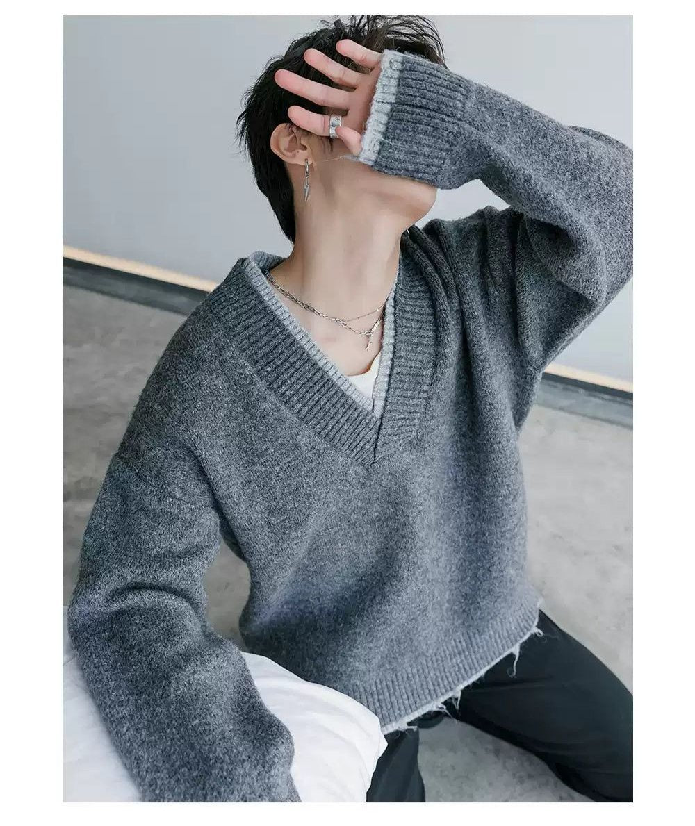 Chuan Layered Distressed V-Neck Sweater-korean-fashion-Sweater-Chuan's Closet-OH Garments