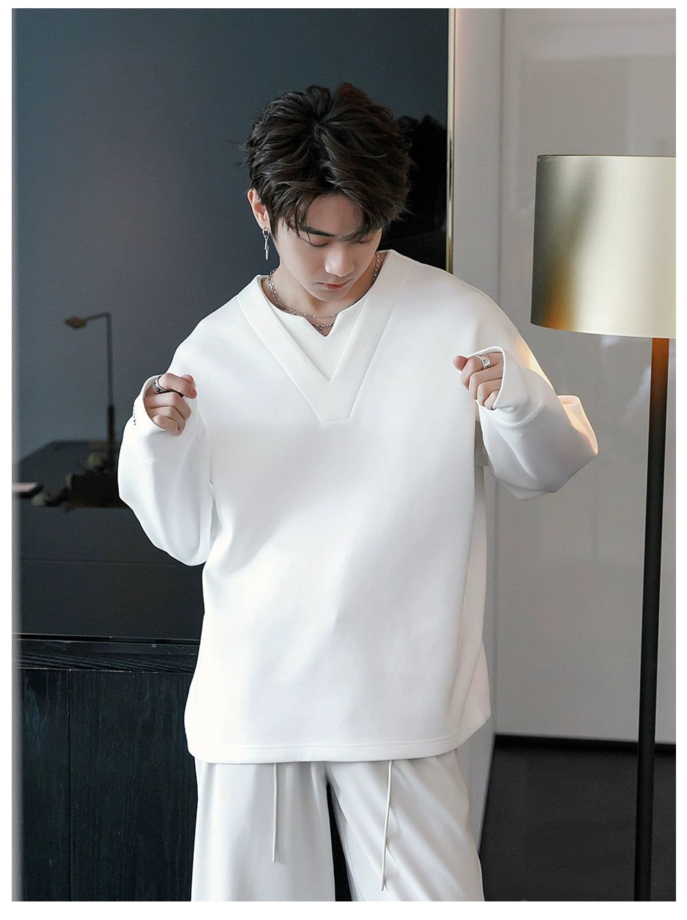 Chuan Layered V-Neck Long Sleeve T-Shirt-korean-fashion-Mockneck-Chuan's Closet-OH Garments