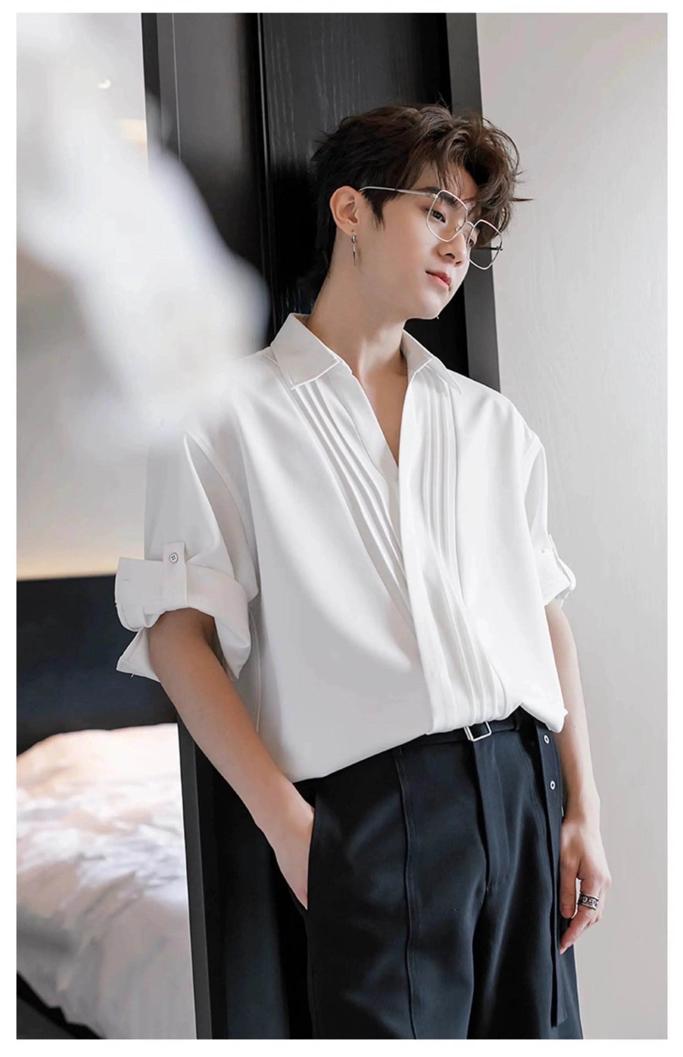 Chuan Lined Detail Folded Sleeve Shirt-korean-fashion-Shirt-Chuan's Closet-OH Garments