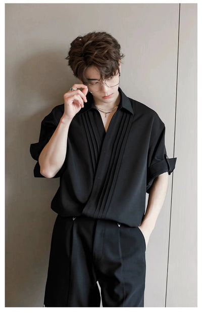 Chuan Lined Detail Folded Sleeve Shirt-korean-fashion-Shirt-Chuan's Closet-OH Garments