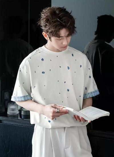 Chuan Plaid Hem Sleeve Print T-Shirt-korean-fashion-T-Shirt-Chuan's Closet-OH Garments