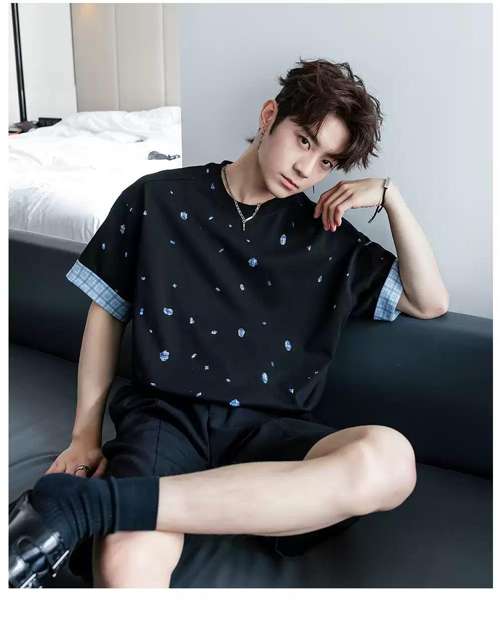 Chuan Plaid Hem Sleeve Print T-Shirt-korean-fashion-T-Shirt-Chuan's Closet-OH Garments