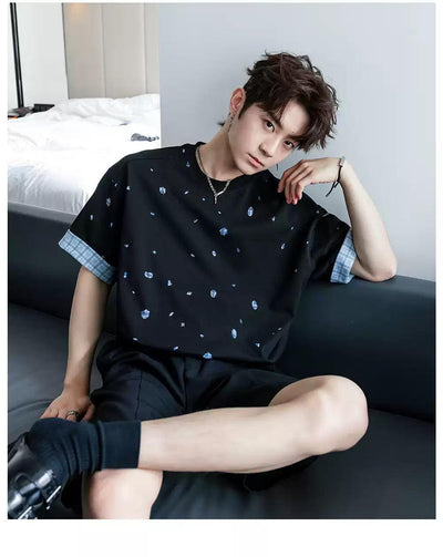 Chuan Plaid Hem Sleeve Print T-Shirt-korean-fashion-T-Shirt-Chuan's Closet-OH Garments