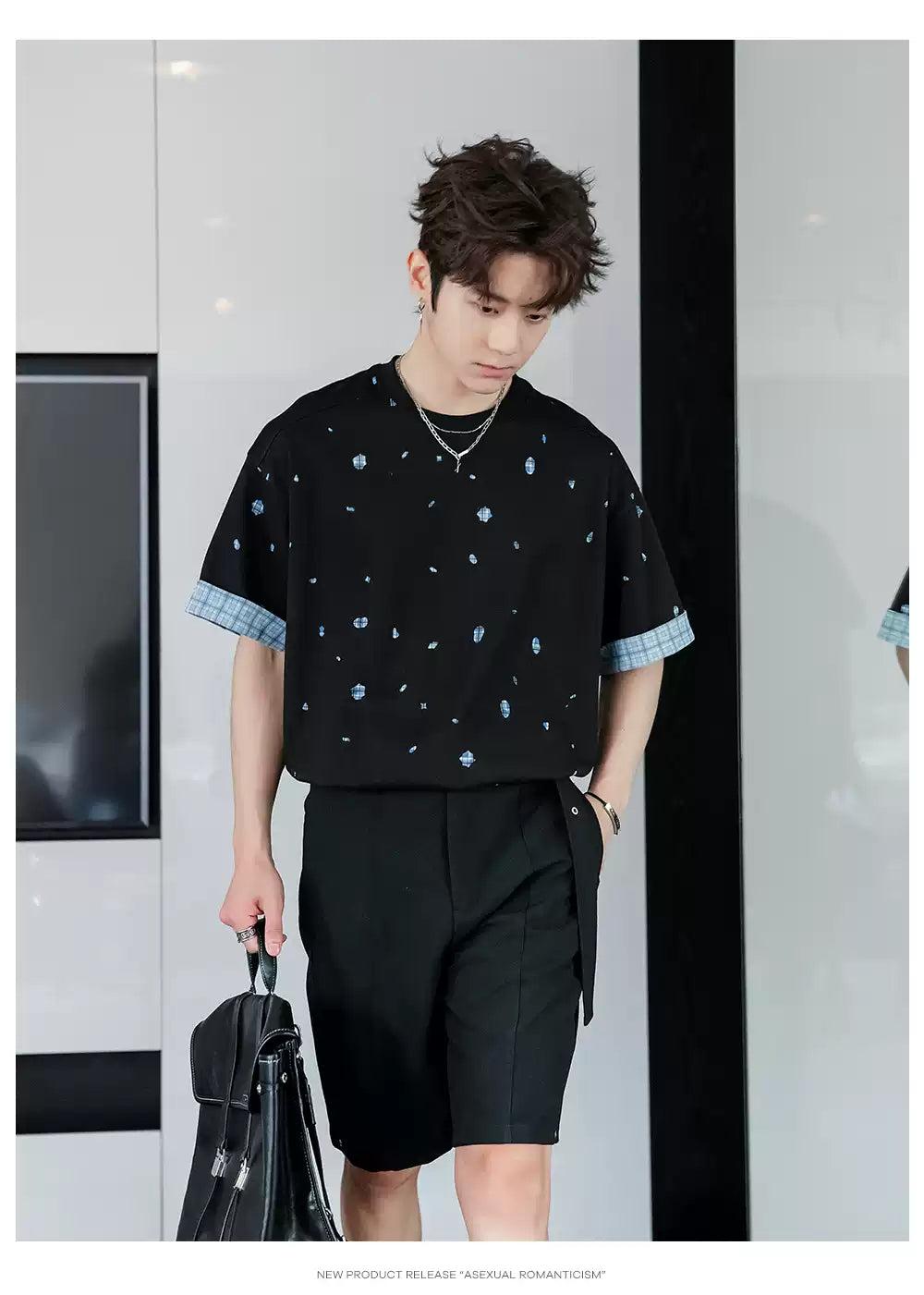 Chuan Plaid Hem Sleeve Print T-Shirt-korean-fashion-T-Shirt-Chuan's Closet-OH Garments