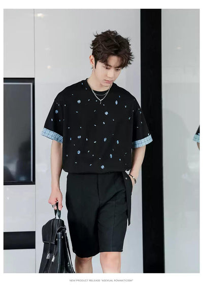 Chuan Plaid Hem Sleeve Print T-Shirt-korean-fashion-T-Shirt-Chuan's Closet-OH Garments