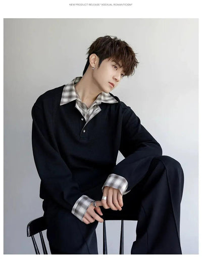 Chuan Plaid Spliced Collar Long Sleeve Polo-korean-fashion-Polo-Chuan's Closet-OH Garments