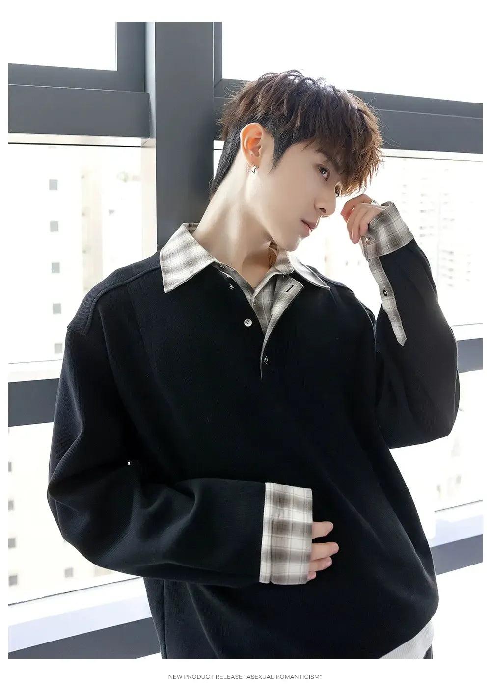 Chuan Plaid Spliced Collar Long Sleeve Polo-korean-fashion-Polo-Chuan's Closet-OH Garments