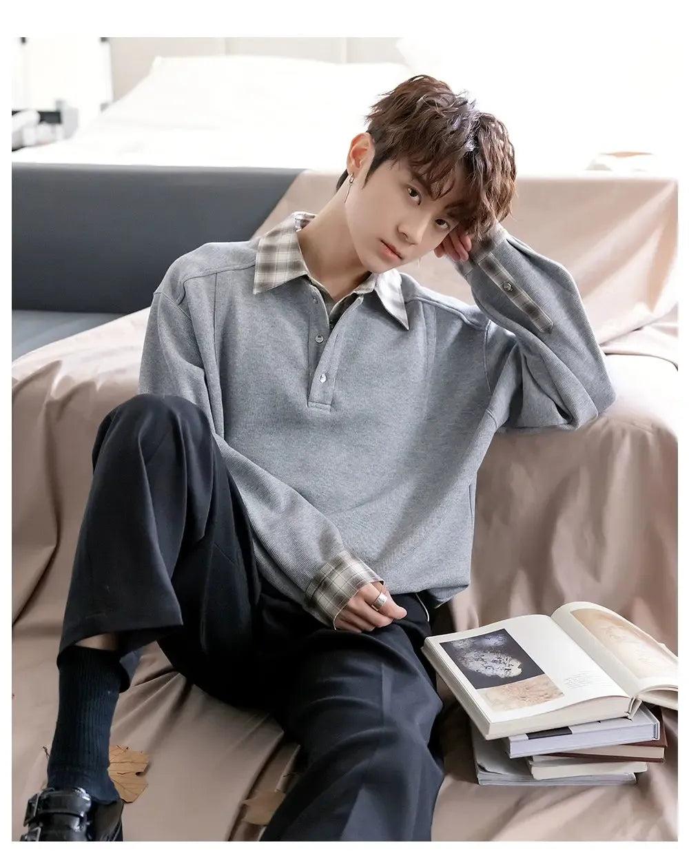 Chuan Plaid Spliced Collar Long Sleeve Polo-korean-fashion-Polo-Chuan's Closet-OH Garments