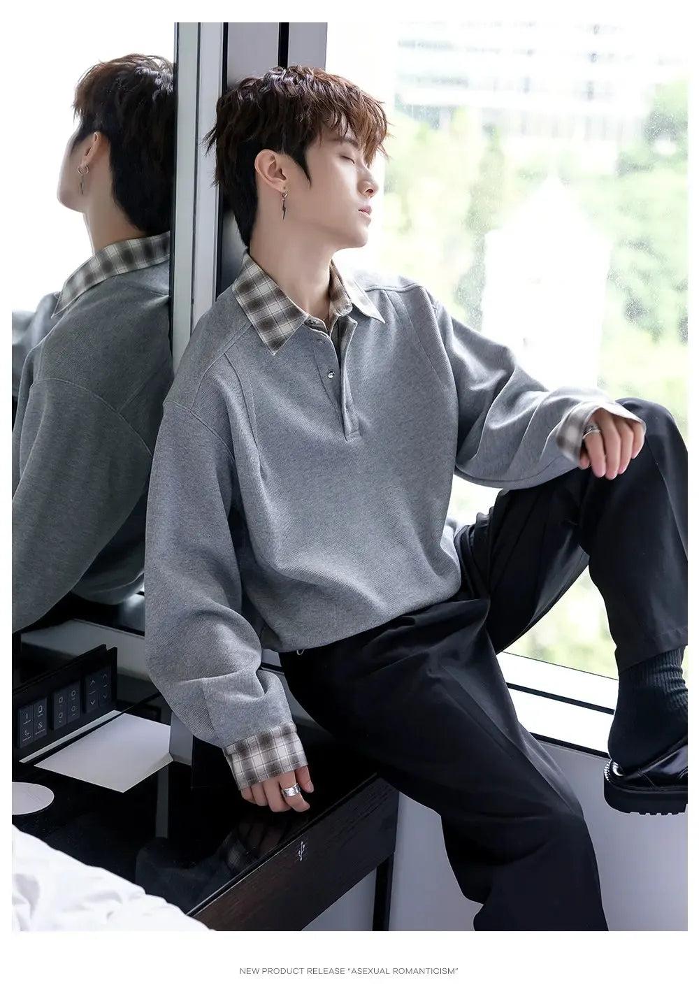 Chuan Plaid Spliced Collar Long Sleeve Polo-korean-fashion-Polo-Chuan's Closet-OH Garments