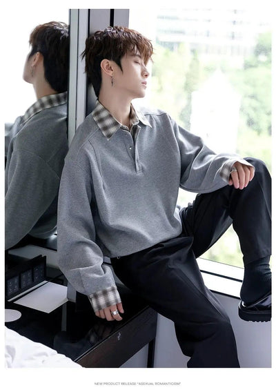 Chuan Plaid Spliced Collar Long Sleeve Polo-korean-fashion-Polo-Chuan's Closet-OH Garments