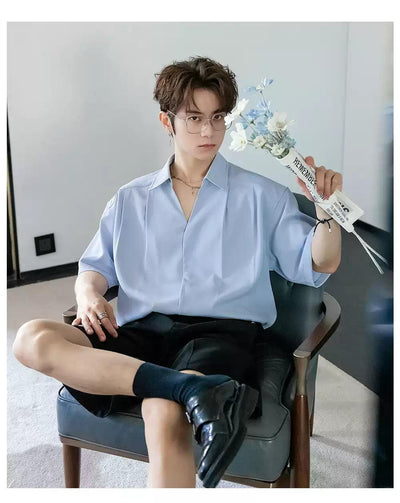 Chuan Plain Pleated Buttoned Shirt-korean-fashion-Shirt-Chuan's Closet-OH Garments